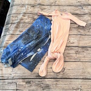 Copper Pearl Set: Peach Newborn Knotted Gown With Snaps & Blue Starry Swaddle